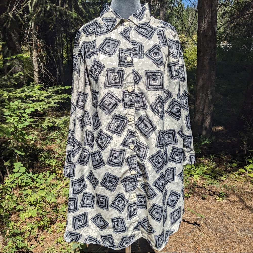 Vintage 80s Abstract Geometric Blouse 3X Plus Size Oversized Button Down Satin